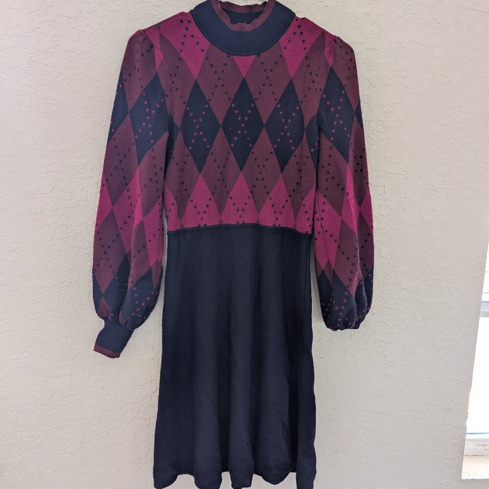 Eliza J Argyle Long Sleeved Balloon Mock Neck Sweater Dress Size S